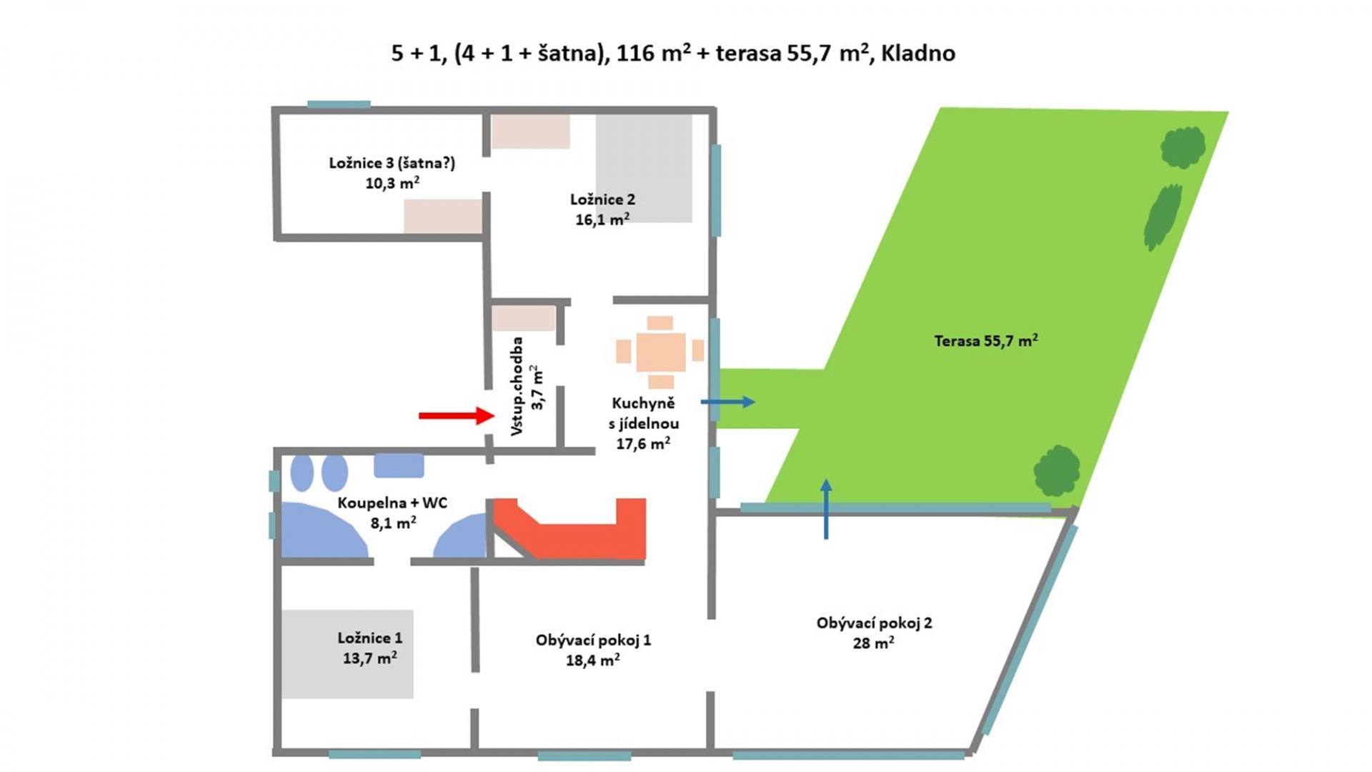 Byt 5+1, 116 m2 + terasa 55 m2, Kladno, obrázek č. 3