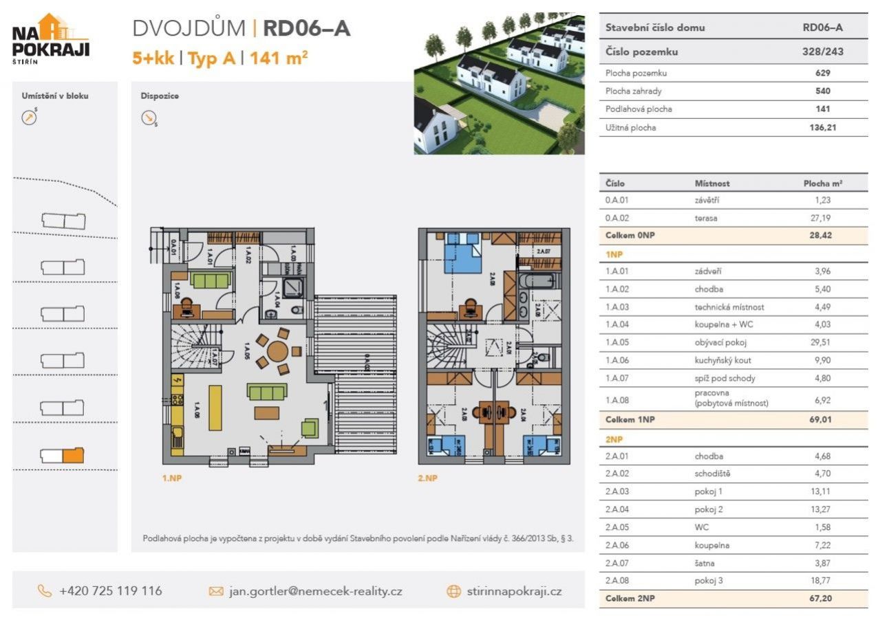 Prodej řadového rodinného domu RD06A 5+kk, 136 m2 obytné plochy, zahrada 540 m2, Kamenice - Štiřín, obrázek č. 3