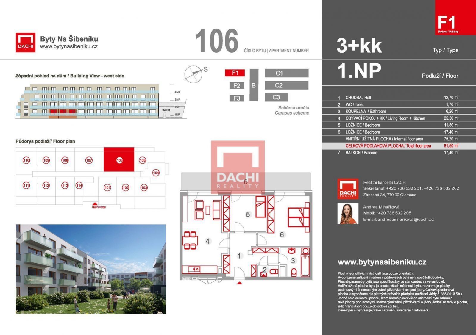 Prodej novostavby bytu F1.106  3+kk  81,50m s balkonem 17,4m, Olomouc, Byty Na Šibeníku II.etapa, obrázek č. 3