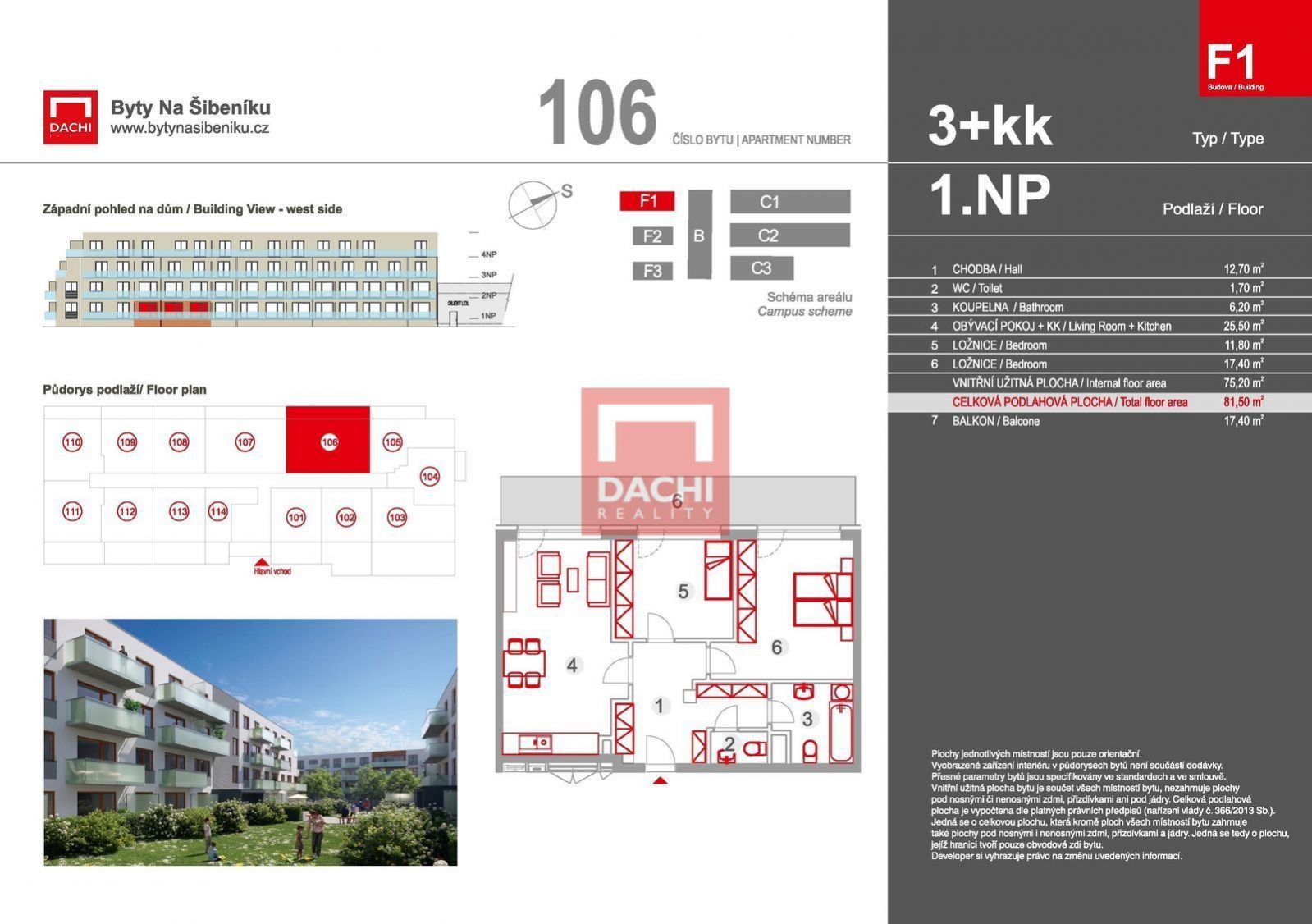 Prodej novostavby bytu F1.106  3+kk  81,50m s balkonem 17,4m, Olomouc, Byty Na Šibeníku II.etapa, obrázek č. 3