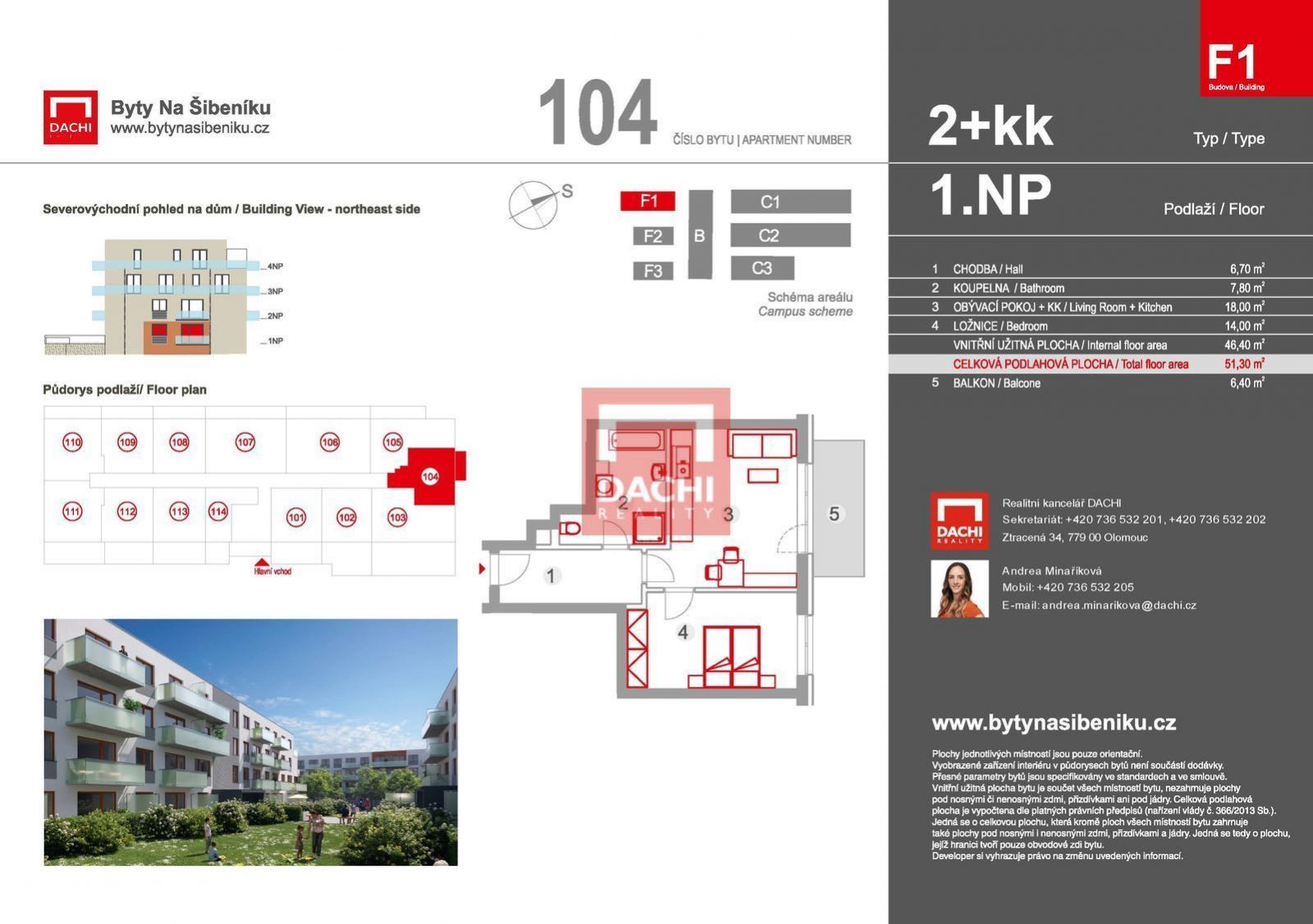 Prodej novostavby bytu F1.104   2+kk 51,30 m s balkonem 6,4m, Olomouc, Byty Na Šibeníku II.etapa, obrázek č. 3