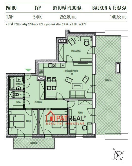 Bytová jednotka 5+kk 252.80m2 s terasou, balkon, šatna, předzahrádka, 2x garážové stání - bytový kom, obrázek č. 2