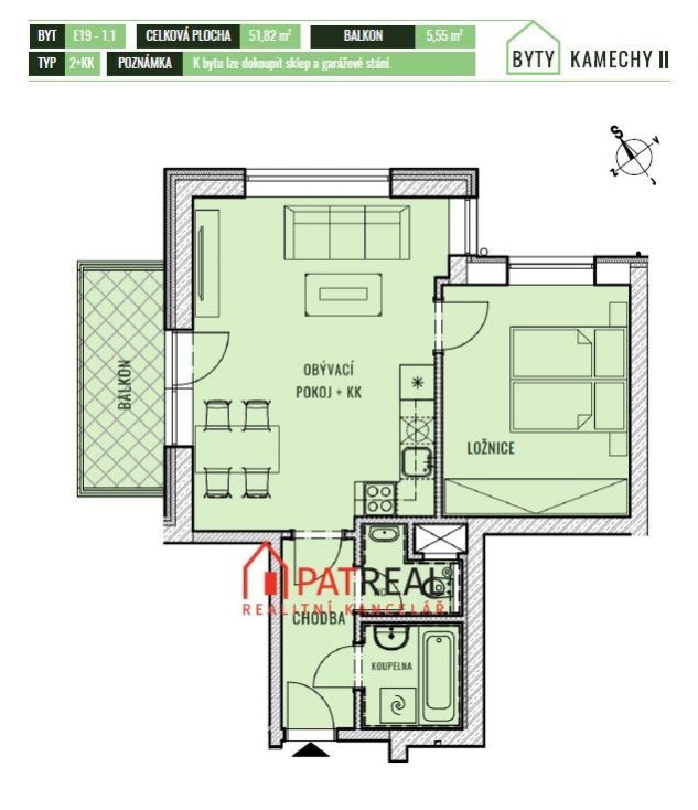 Bytová jednotka 2+kk s balkonem a sklepem 51.82m2- bytový komplex KAMECHY II, věž E, obrázek č. 2