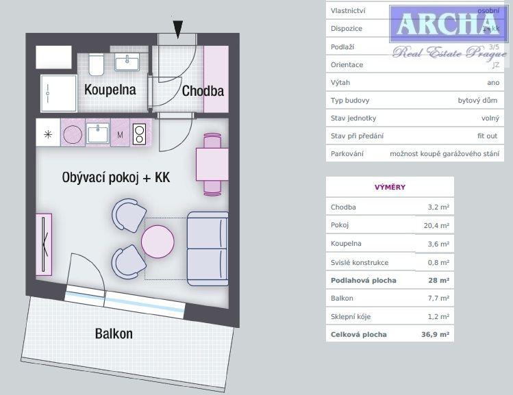 Prodej bytu 1+kk, 36,9 m2, balkon, 3. NP,  Praha 2 Vinohrady, obrázek č. 2