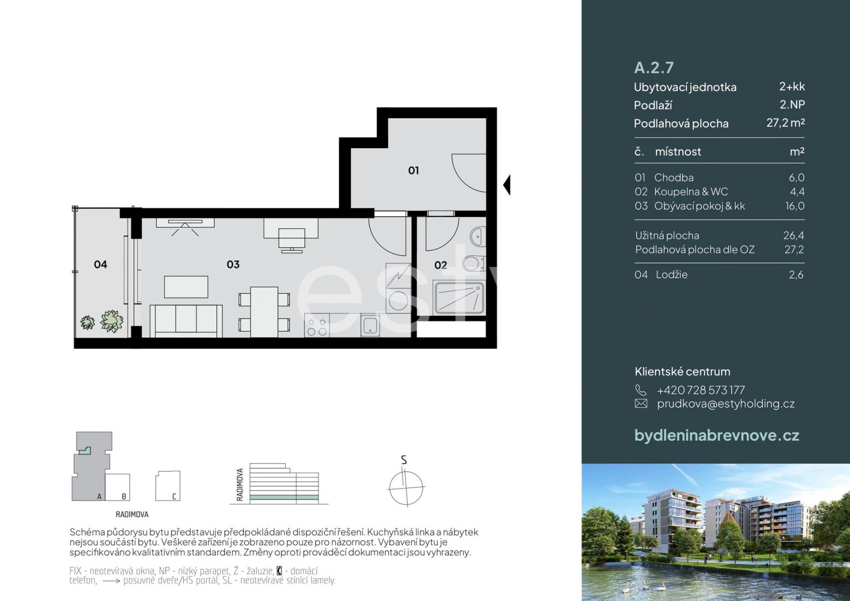 Prodej 1+kk 27 m2 s lodžií 2,5 m2 v rezidenci Radimova, Břevnov, obrázek č. 3