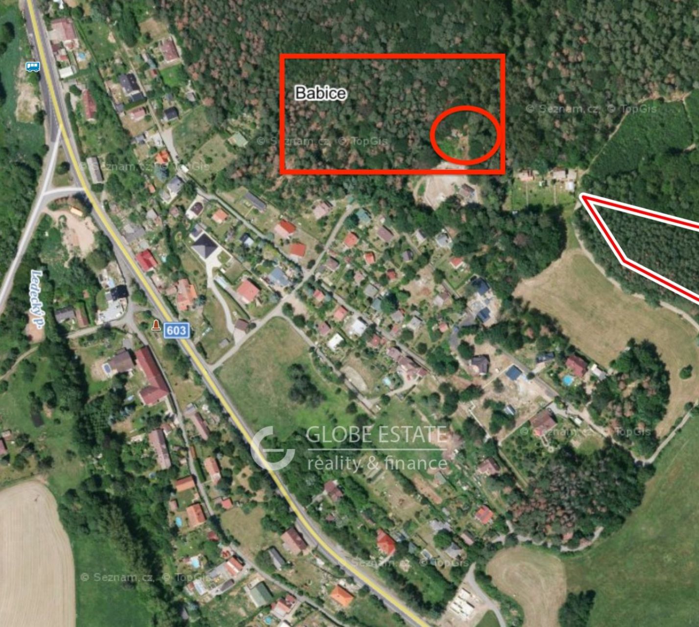 Jedinečný stavební pozemek 1366m2 s  s chatou, projektem a vlastním lesem 10441m2 v obci Babice u Ře, obrázek č. 2