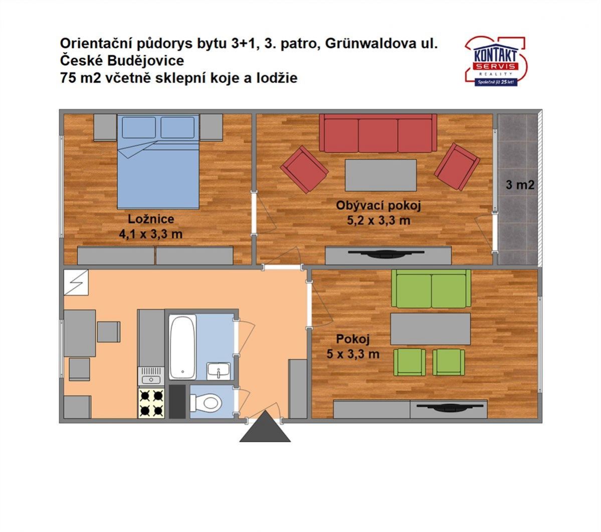 Zděný byt 3+1 v ulici Grünwaldova v Č.Budějovicích, obrázek č. 2