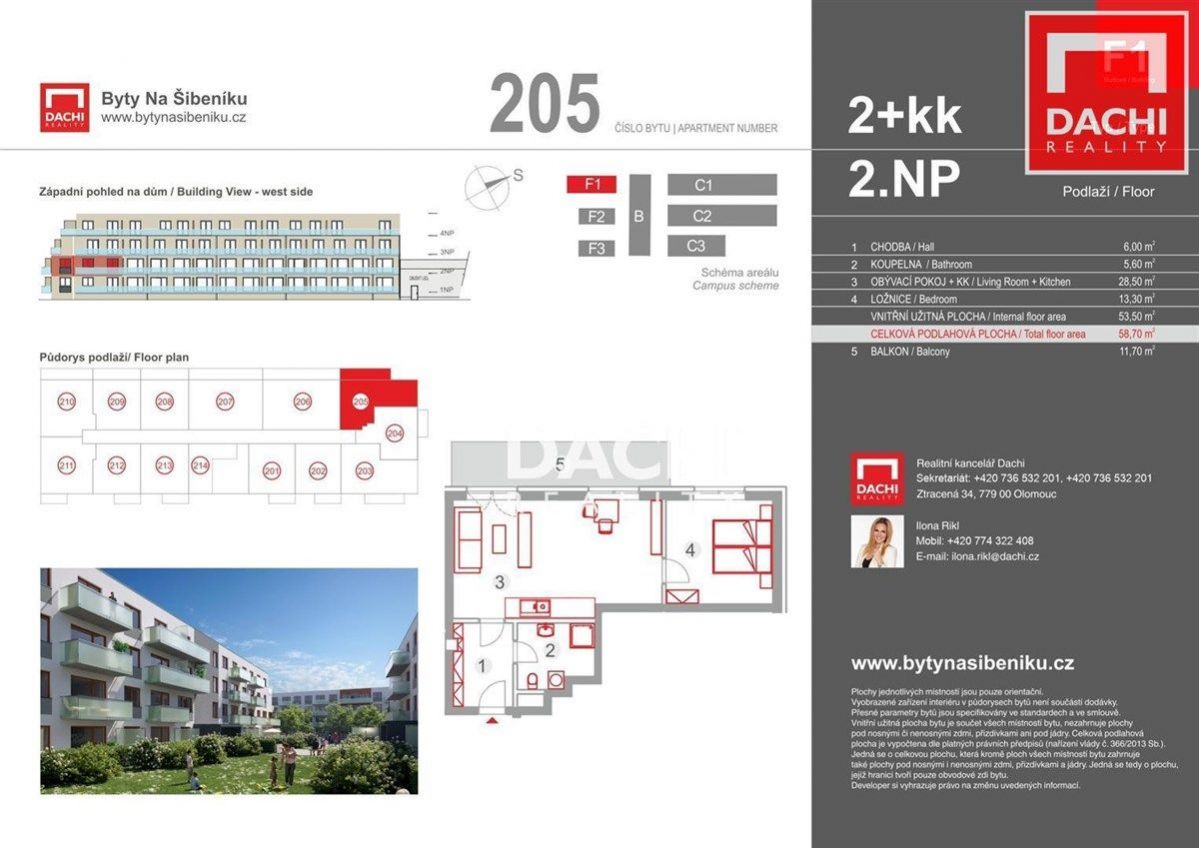 Prodej novostavby byt 205 F1  2+kk 58,70 m s balkonem 11,70m, Olomouc, Bytové domy Na Šibeníku II.et, obrázek č.3