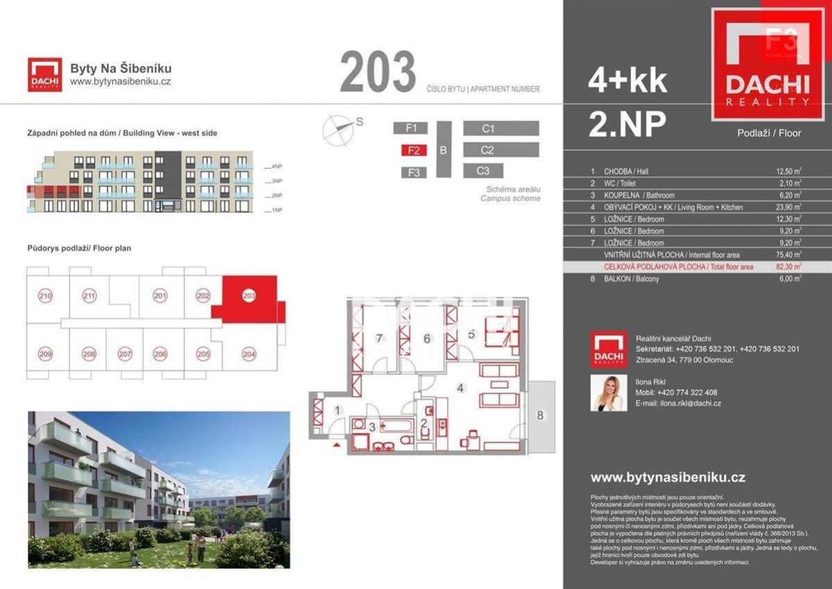 Prodej novostavby byt 203 F3  4+kk 82,30m s balkonem 6,0m, Olomouc, Bytové domy Na Šibeníku II.etapa, obrázek č. 3