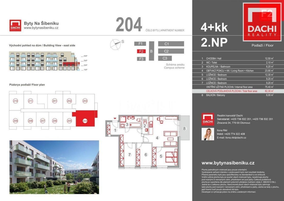 Prodej novostavby byt 204 F2  4+kk 82,30 m s balkonem 6,0 m , Olomouc, Bytové domy Na Šibeníku II.et, obrázek č. 3