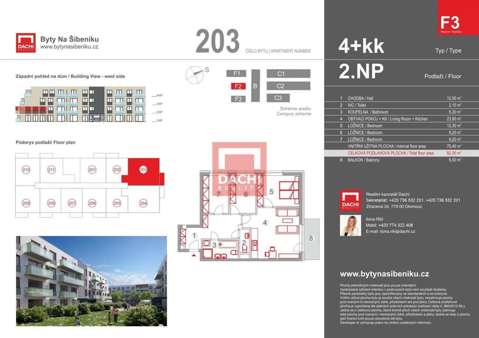 Prodej novostavby byt 203 F3  4+kk 82,30m s balkonem, Olomouc, Bytové domy Na Šibeníku II.etapa, obrázek č. 3