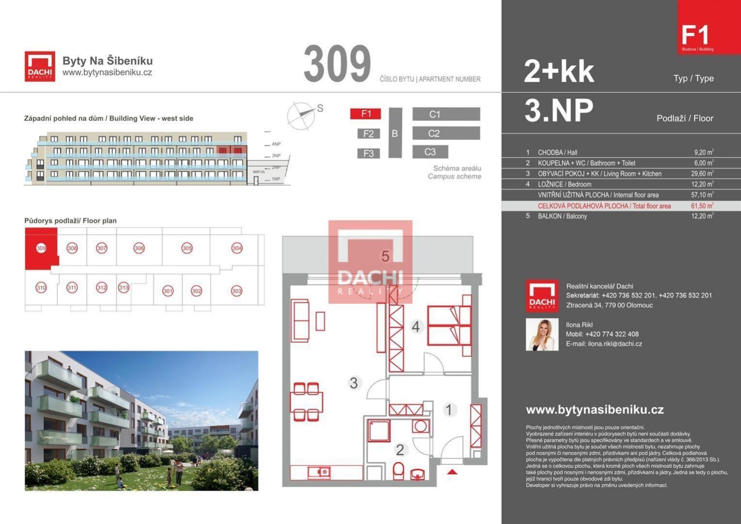 Prodej novostavby byt F1.309  2+kk 61,50 m s balkonem 12,20 m, Olomouc, Byty Na Šibeníku II.etapa, obrázek č. 3