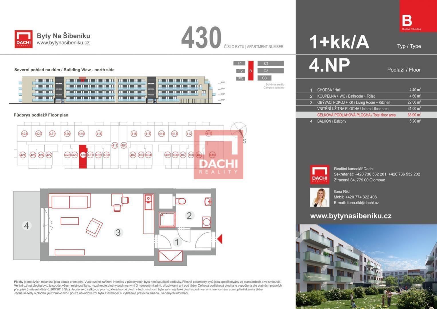 Prodej novostavby bytu B.430  1+kk 33,0m s balkonem 6,20m, Olomouc, Byty Na Šibeníku II.etapa, obrázek č. 3