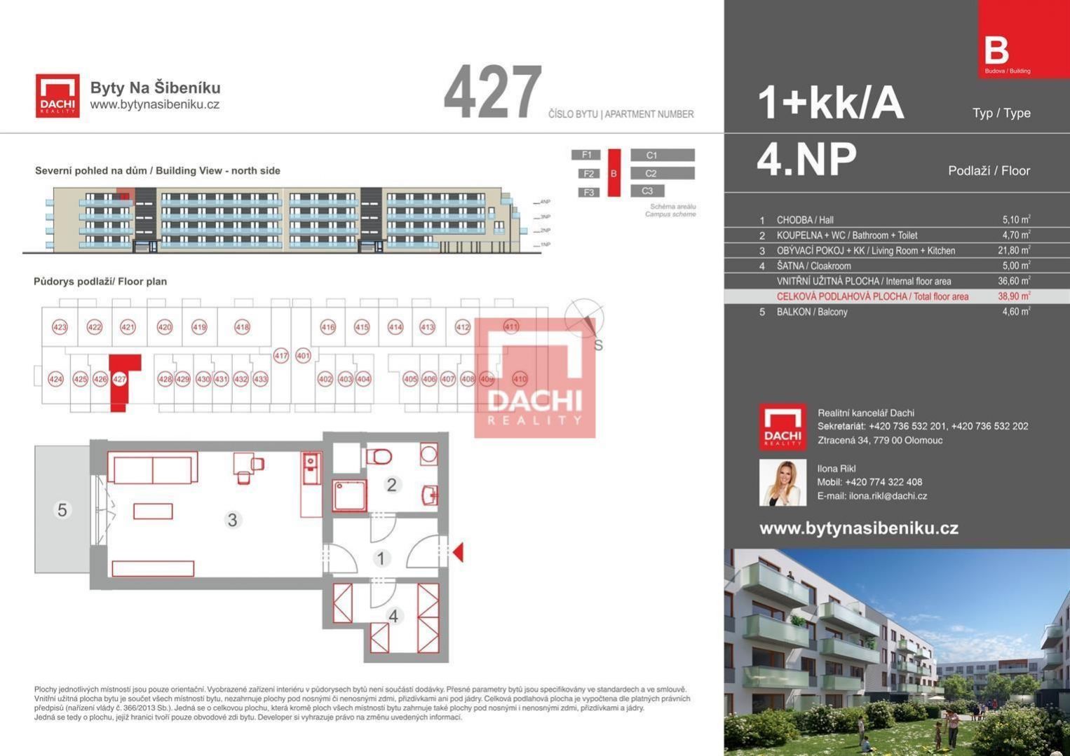 Prodej novostavby bytu B.427  1+kk  38,90m s balkonem 5,30m, Olomouc, Byty Na Šibeníku II.etapa, obrázek č. 3