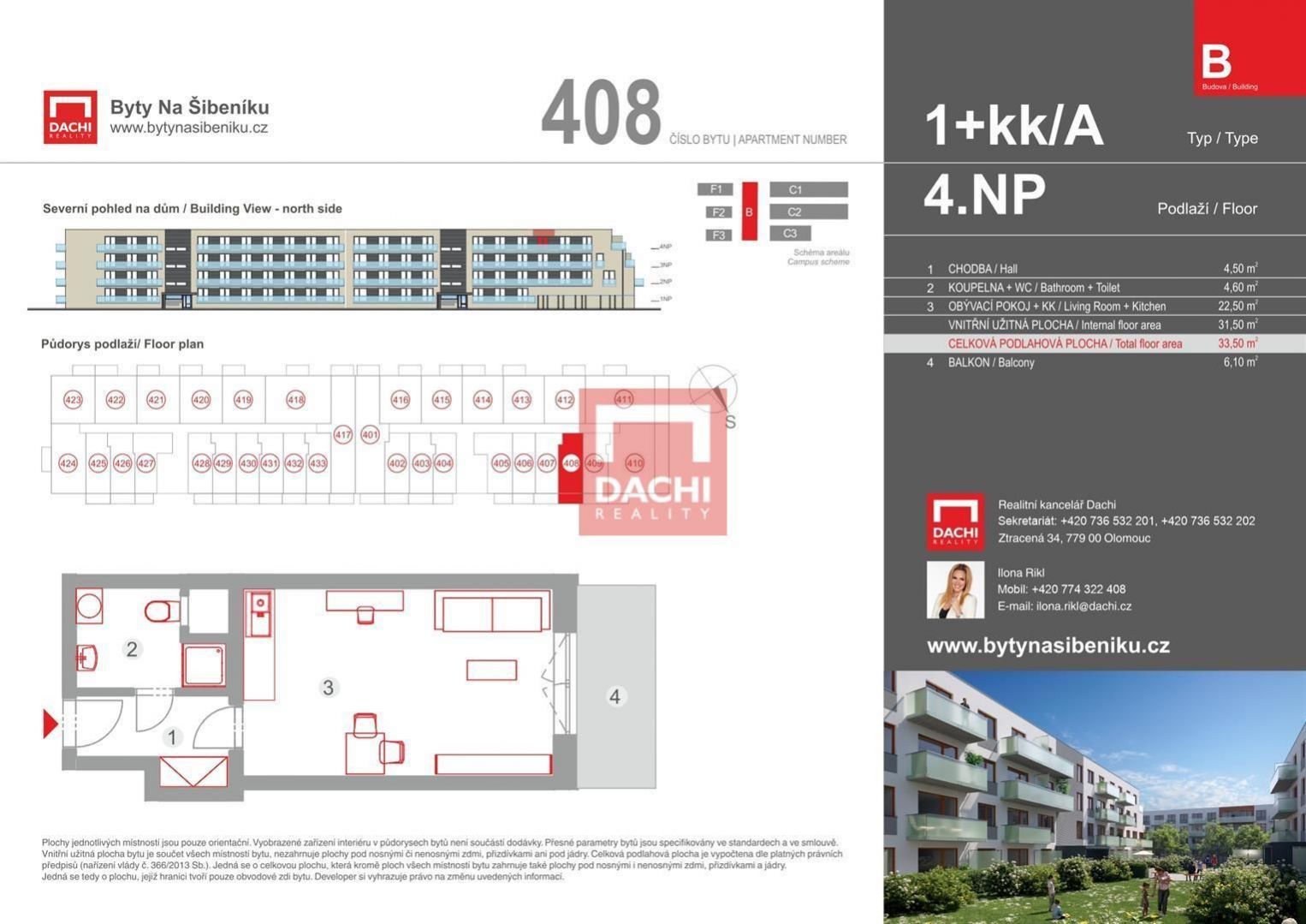 Prodej novostavby bytu B.408  1+kk  33,50m s balkonem 6,10m, Olomouc, Byty Na Šibeníku II.etapa, obrázek č. 3