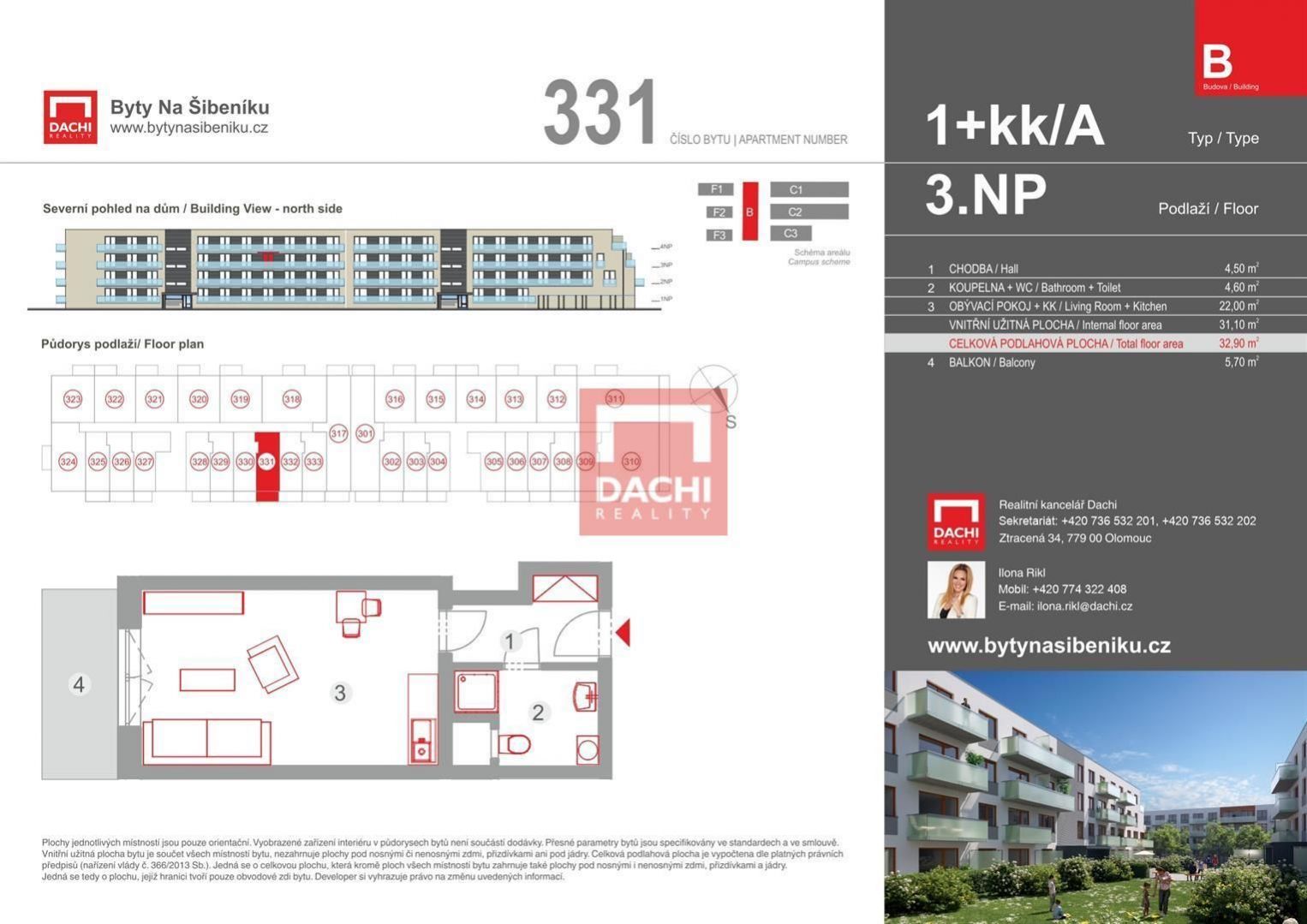 Prodej novostavby bytu B.331  1+kk 32,90m s balkonem 5,70m, Olomouc, Byty Na Šibeníku II.etapa, obrázek č. 3
