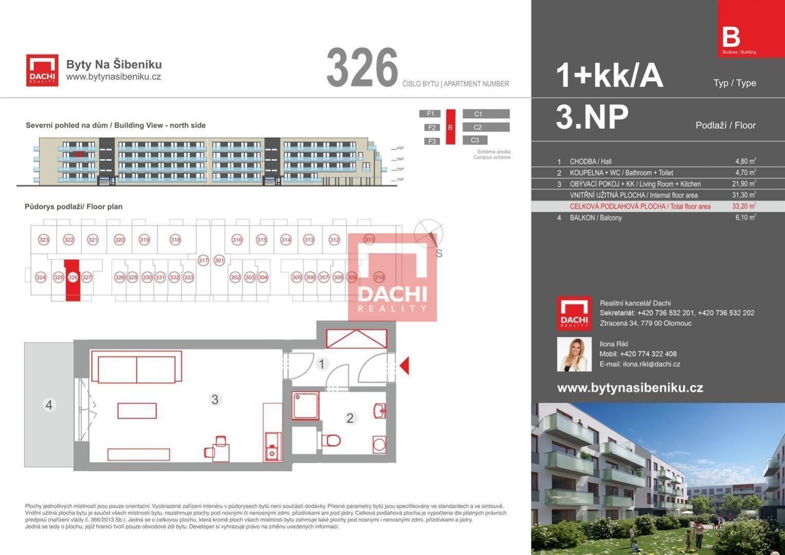 Prodej novostavby bytu B.326  1+kk  33,20m s balkonem 6,10m, Olomouc, Byty Na Šibeníku II.etapa, obrázek č. 1