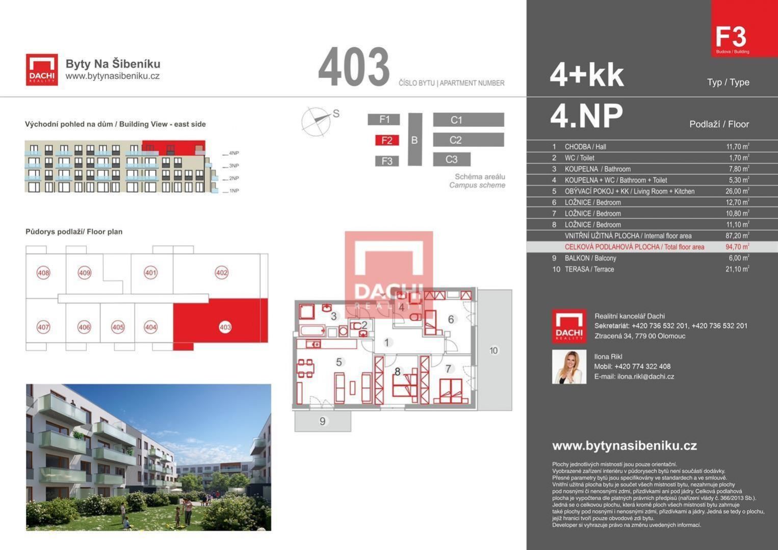 Prodej novostavby bytu F3.403  4+kk 94,7m s balkonem i terasou, Olomouc, Byty Na Šibeníku II.etapa, obrázek č. 3