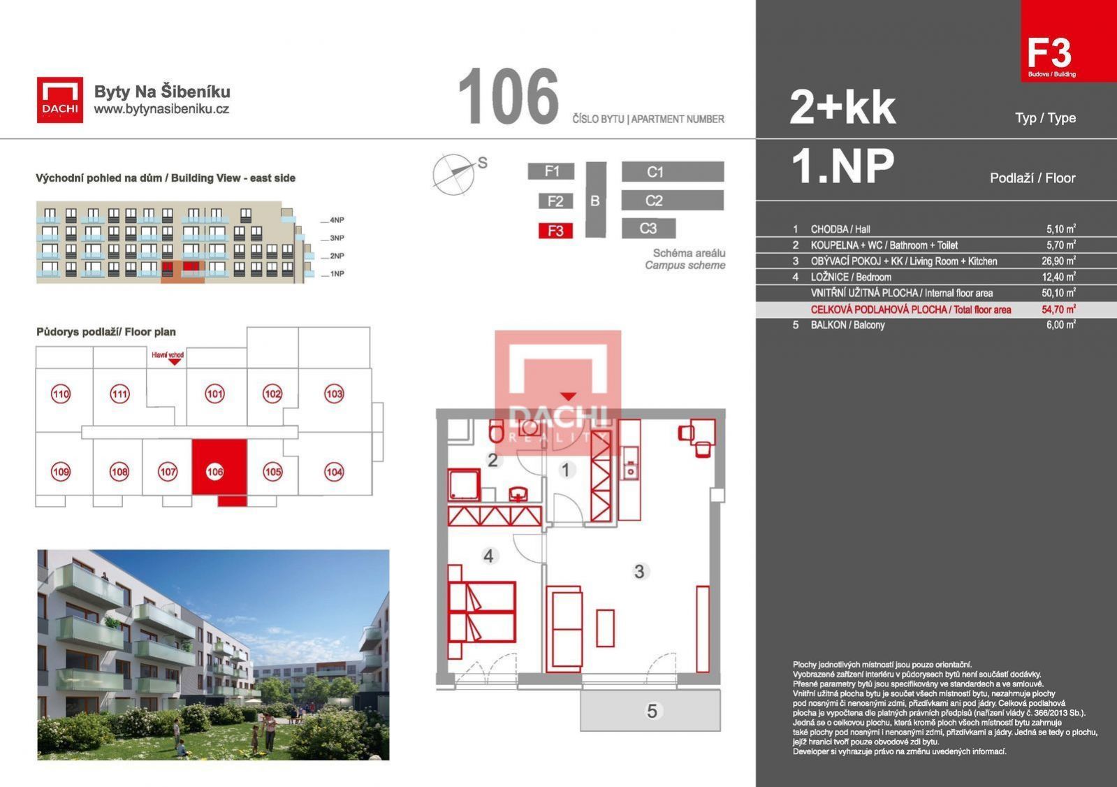 Prodej novostavby bytu F3.106  2+kk 54,7m s balkonem 6m, Olomouc, Byty Na Šibeníku II. etapa, obrázek č. 3