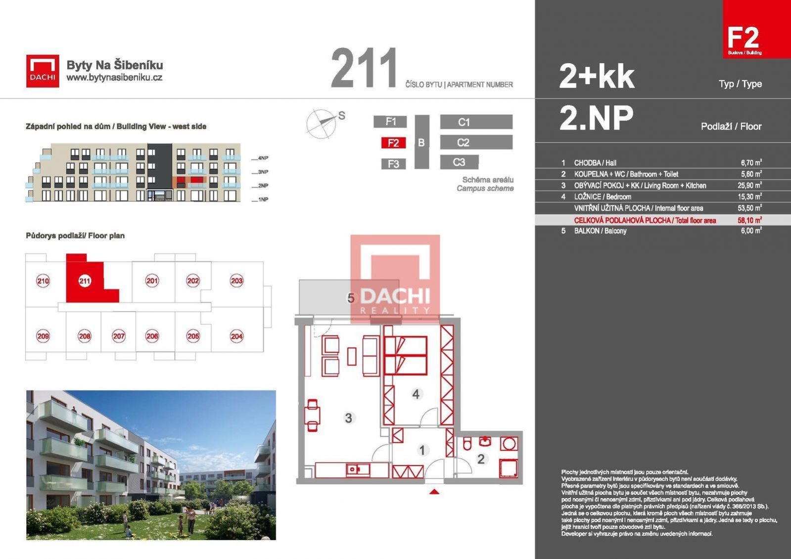Prodej novostavby bytu F2. 211  2+kk 58,10 m s balkonem 6m, Olomouc, Byty Na Šibeníku II.etapa, obrázek č. 3