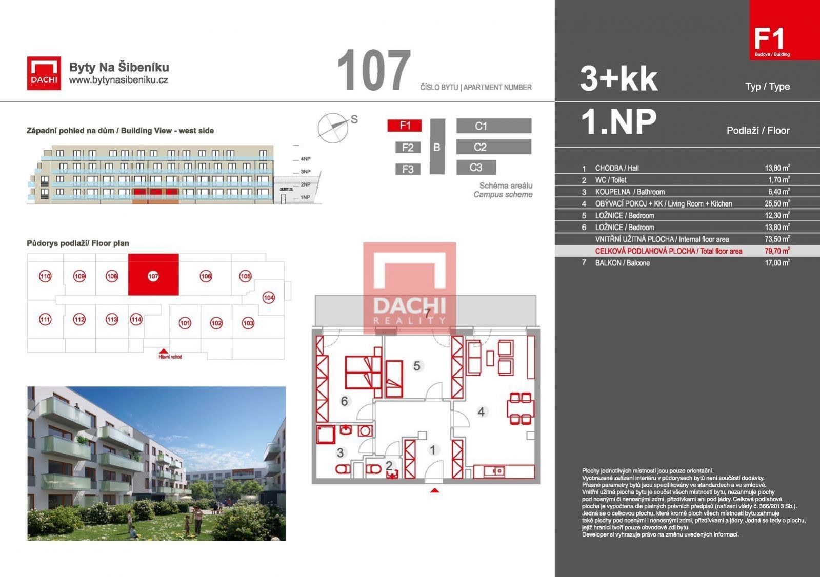 Prodej novostavby bytu F1.107  3+kk  79,70m s balkonem 17m, Olomouc, Byty Na Šibeníku II.etapa, obrázek č. 3