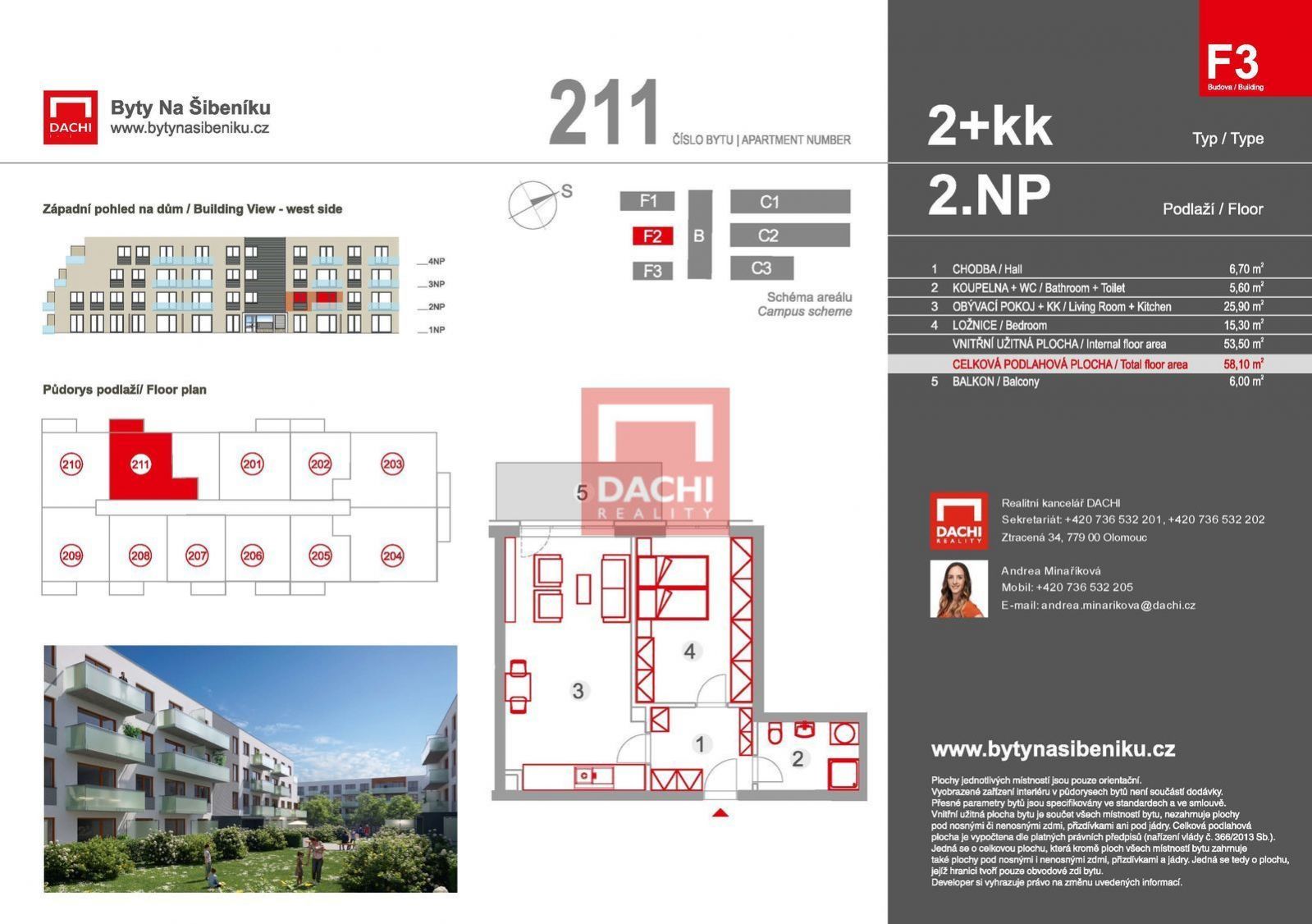 Prodej novostavby bytu F3.211  2+kk 58,10m s balkonem 6,0m, Olomouc, Byty Na Šibeníku II.etapa, obrázek č. 3
