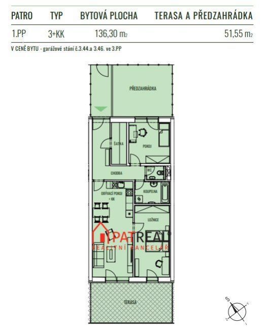 Bytová jednotka 3+kk 136,30m2 s terasou, předzahrádkou, šatnou a 2x garážové stání - bytový komplex , obrázek č. 2