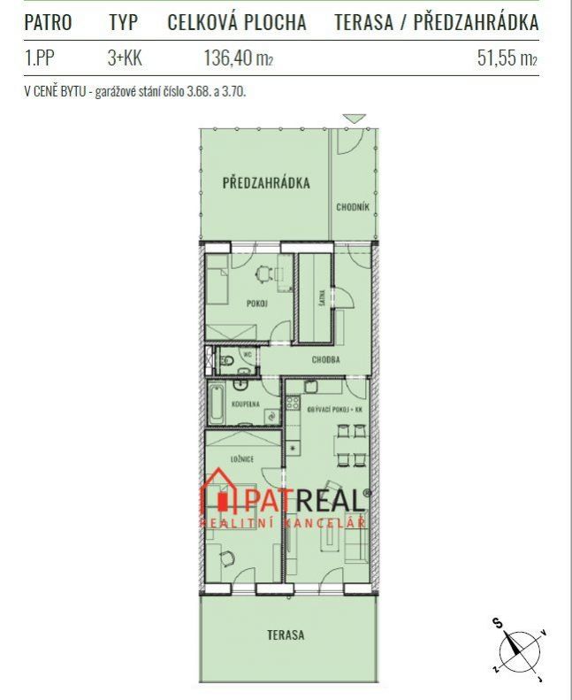 Bytová jednotka 3+kk, 136m2, předzahrádka, terasa, šatna, 2 x garážové stání, bytový komplex KAMECHY, obrázek č. 2