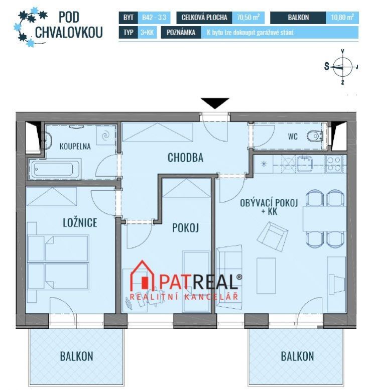 Bytová jednotka 3+kk, 70.50m2 se dvěma balkony - bytový komplex POD CHVALOVKOU - B, obrázek č. 2