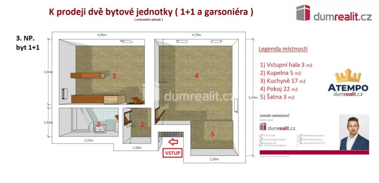 K prodeji, 2 bytové jednotky (1+1 a 1+kk) ul. J. Š. Baara č.p. 2614, centrum města České Budějovice, obrázek č. 3