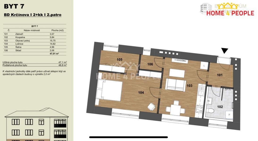 prodej bytu 2+KK, 48,8 m2, OV, Kolín II, Krčínová, obrázek č. 3
