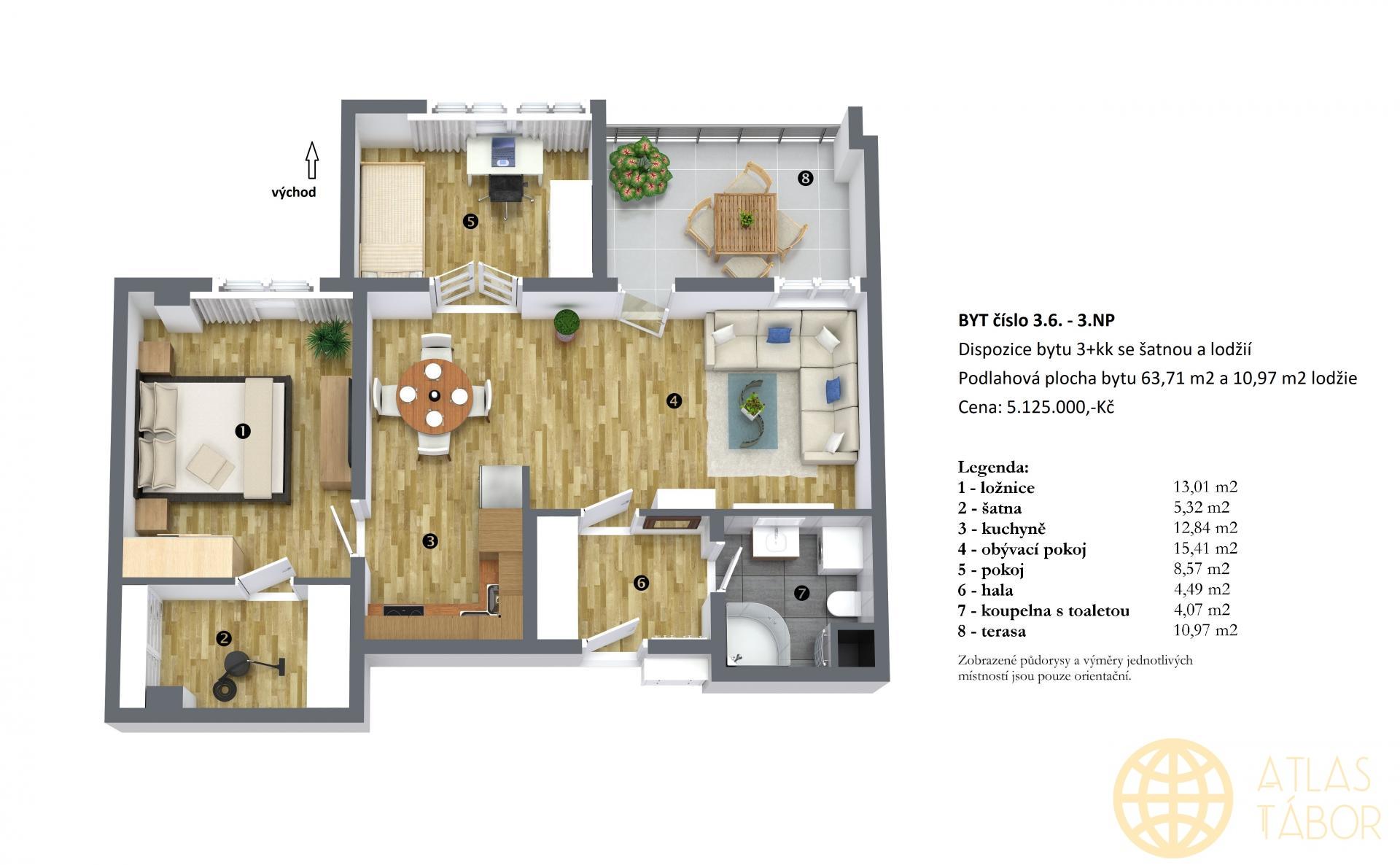 Prodej bytu č. 3.6. se šatnou a lodžií -3+kk - 3.NP v projektu Dvorce II, obrázek č. 2