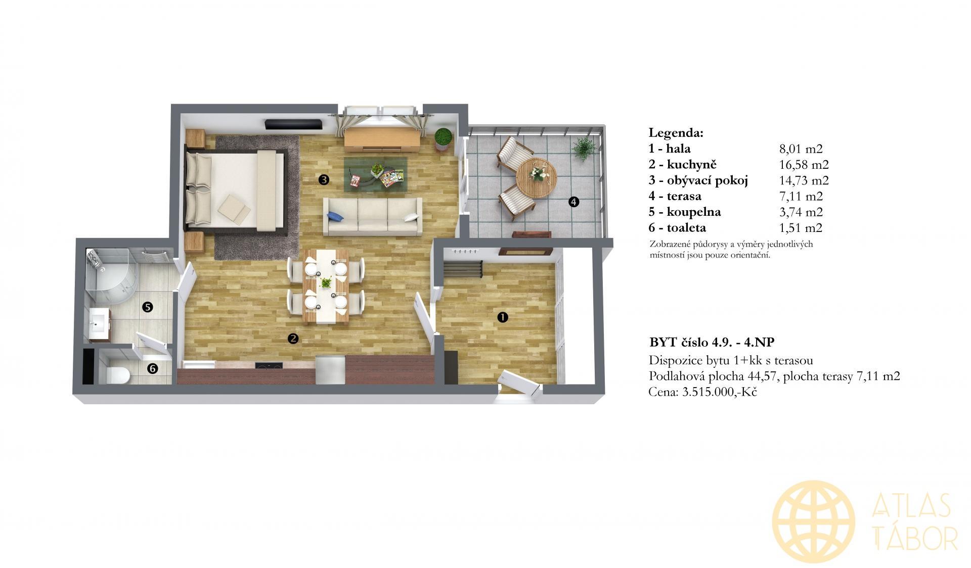 Prodej bytu č. 4.9. - 1+KK s terasou - 4.NP  v projektu Dvorce II