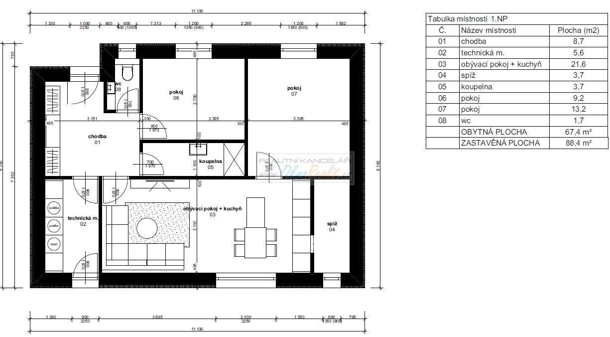 Prodej budoucího RD  3+kk o výměře 67,4 m2 s pozemkem o výměře 206 m2  v obci Přerov XI- Vinary - obr.půdorys menší dům