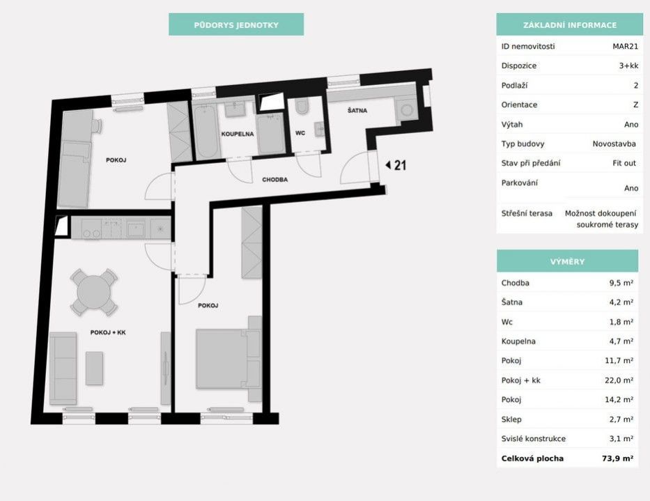Prodej luxusního bytu 3kk (66,10 m) se střešní terasou (17,4 m), rezidence MAROLDKA, obrázek č. 3