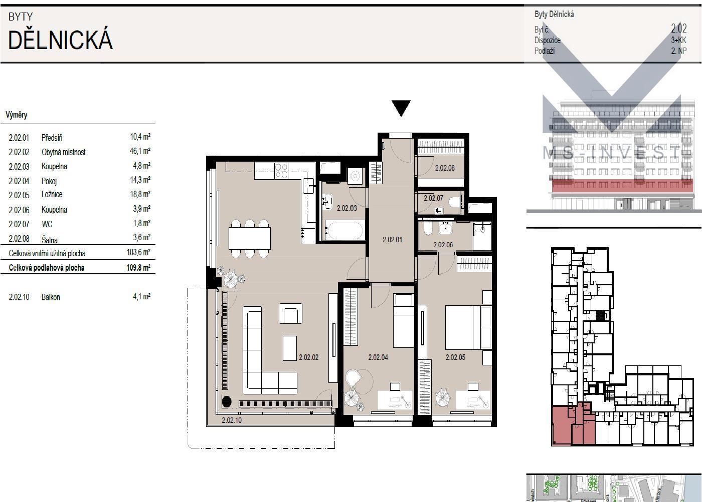 Prodej, novostavba 3+kk, 110 m2 + balkon 4 m2, Praha 7 Holešovice (č. 2.02), obrázek č.5
