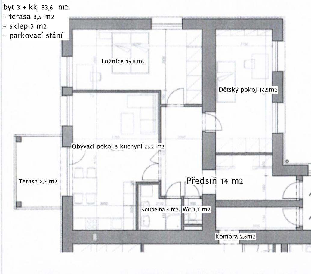 Exkluzivně nabízíme k prodeji byt o dispozici 3+KK 83,6 m2 + terasa 8,5 m2  + sklep 3 m2 na ulici Be, obrázek č. 2