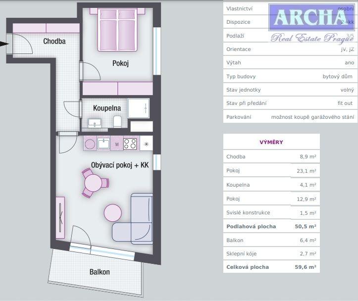 Prodej bytu 2+kk, 59,6 m2, balkón, 3. NP, Praha 2, obrázek č. 2