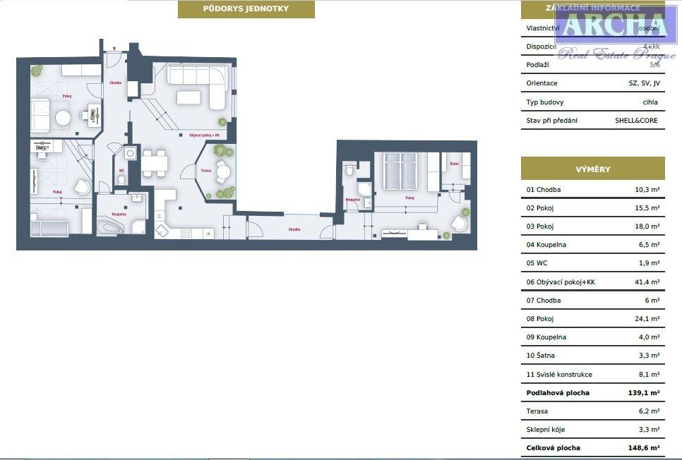 Prodej bytu 4+kk, 148,6 m2, terasa, 5.NP,  PRAHA 8 Palmovka, obrázek č. 3