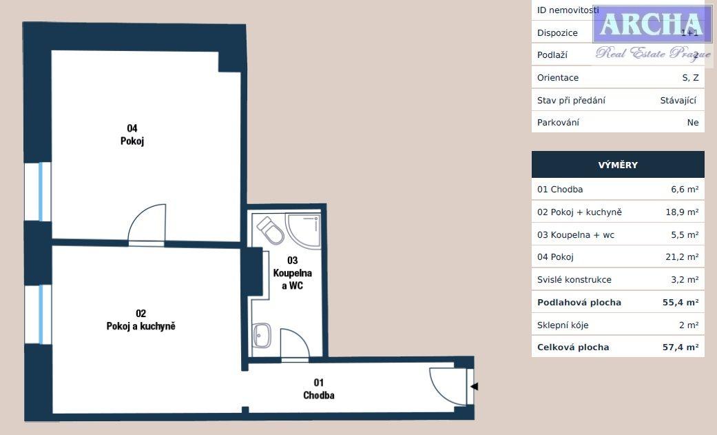 Prodej bytu 1+1, plocha 57,4 m2, 2.NP, Praha 10 Hostivař
