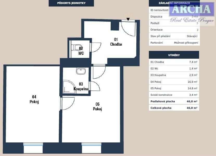 Prodej bytu 2+kk, plocha 46,8 m2, 3.NP, Praha 10 Hostivař, obrázek č. 2