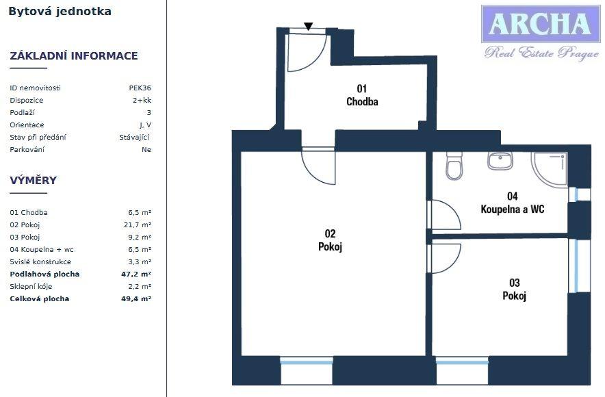 Prodej bytu 2+kk, plocha 49,4 m2, 3.NP, Praha 10 Hostivař, obrázek č. 2