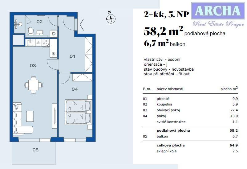 Prodej jednotka 2+kk, 58,2 m2 + balkón 6,7 m2, Praha 4, obrázek č. 2
