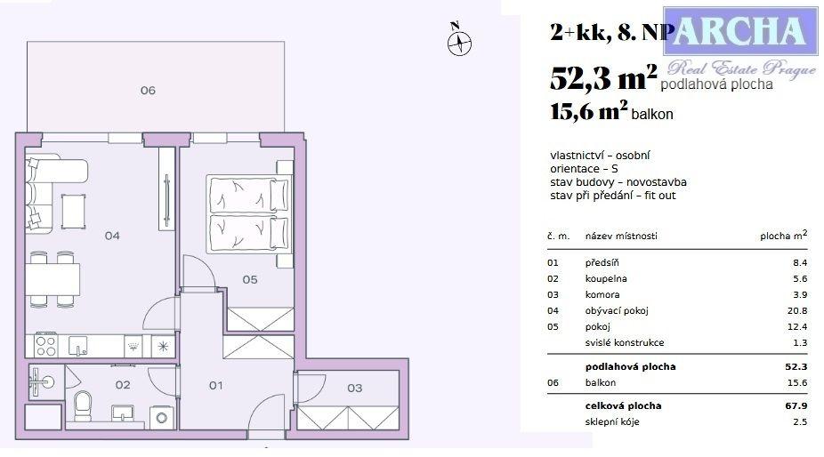 Prodej 2+kk, plocha 52,3 m2 + balkón 15,6 m2, 8.NP, Praha 4, obrázek č. 2