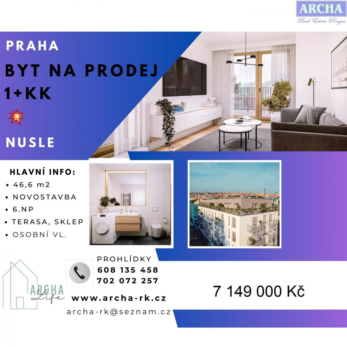 Prodej nové jednotky 1+kk, 46,6 m2, Terasa, 6.NP,  Praha Nusle