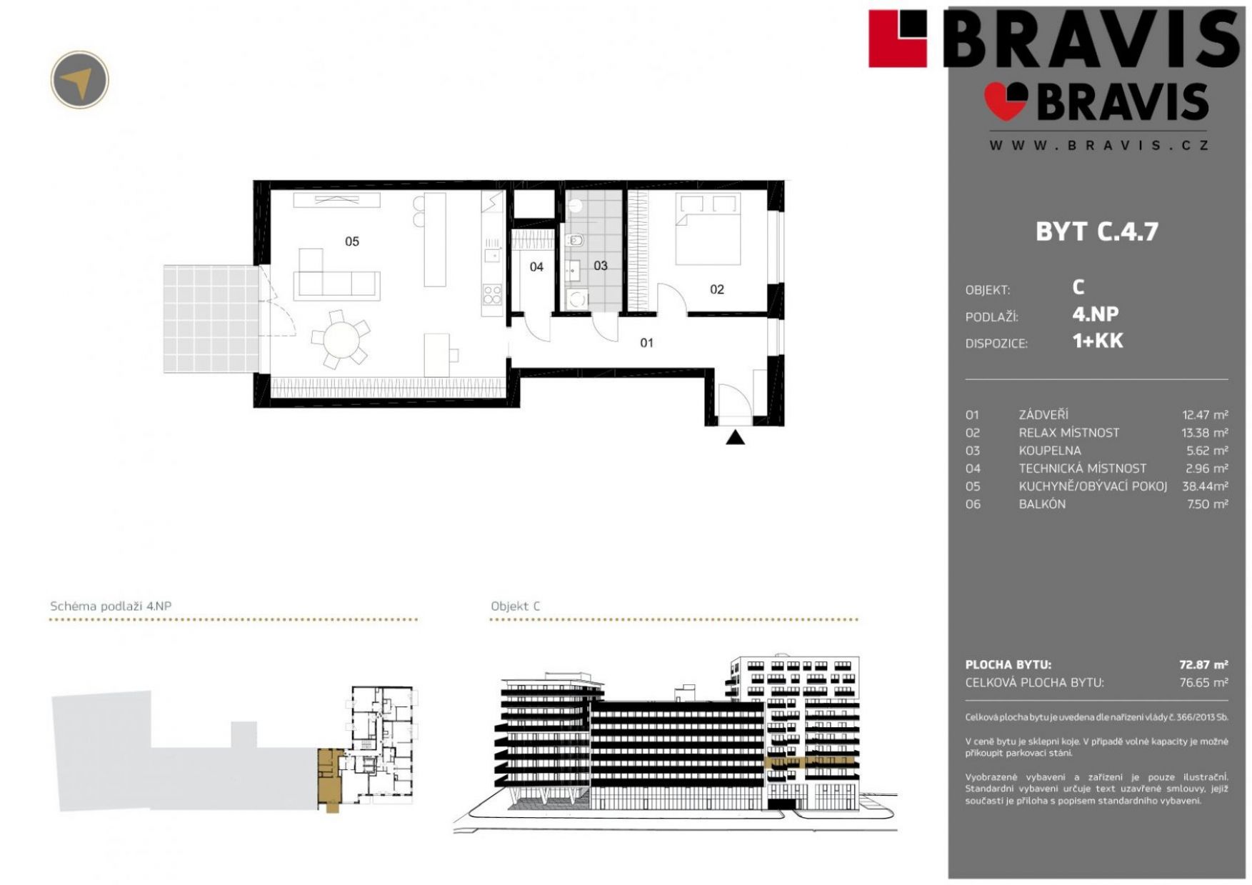Prodej moderního nízkoenergetického bytu na Nových Sadech v centru Brna, 2+kk s balkónem 77 m2, obrázek č.13
