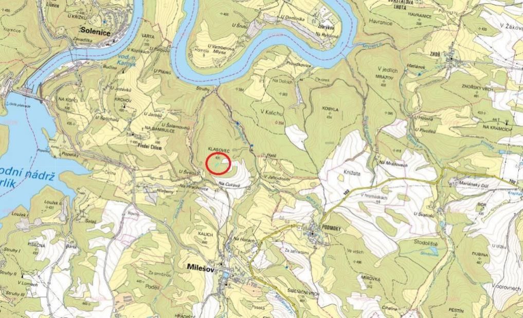 Lesní pozemek výměře 669 m2, podíl 1/1, k.ú. Milešov nad Vltavou, okres Příbram, obrázek č. 1