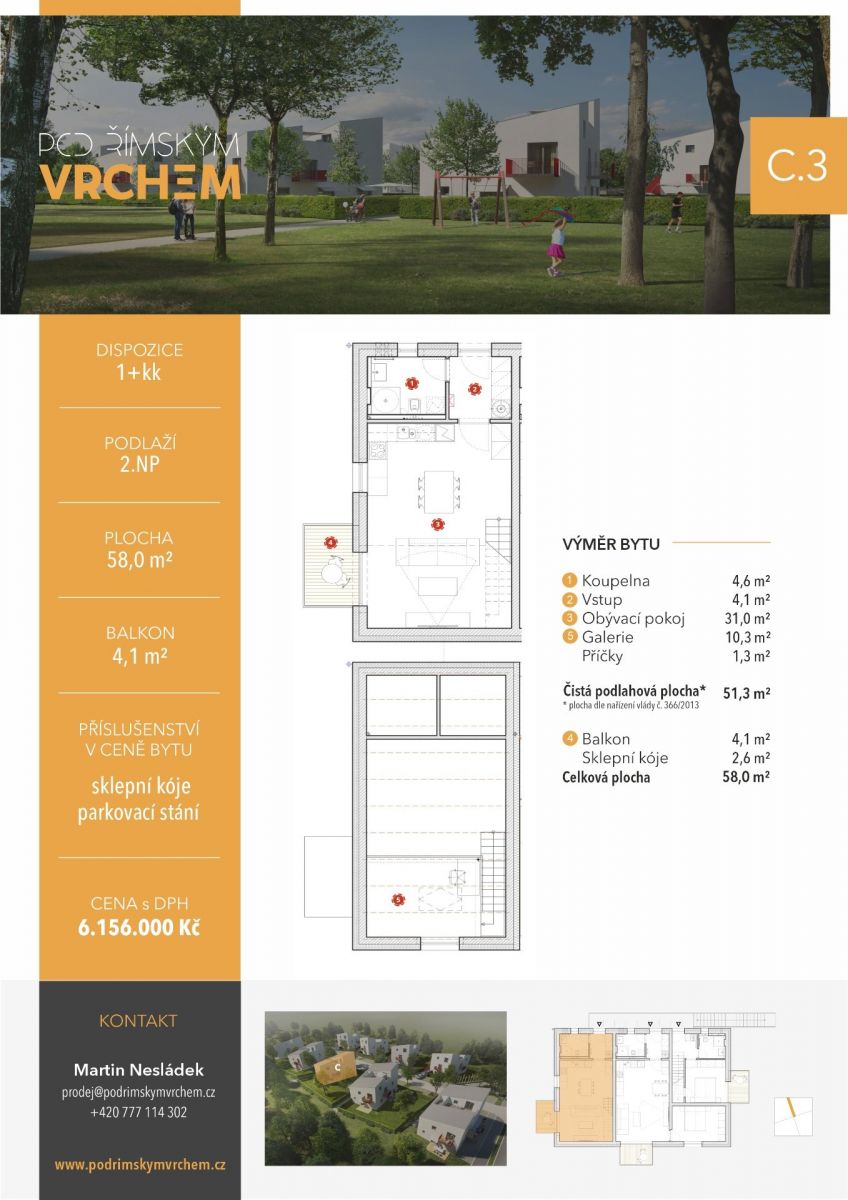 Prodej bytu 1+kk o velikosti 58,m2 s balkónem 4,1 m2 ve 2. np. rezidence Pod Římským vrchem, obrázek č. 3