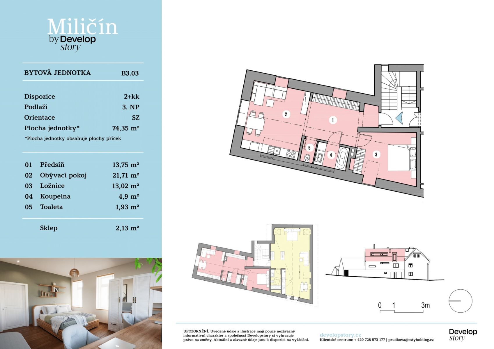 Pronájem bytu 2+kk 74,35 m2 v obci Miličín, obrázek č. 3