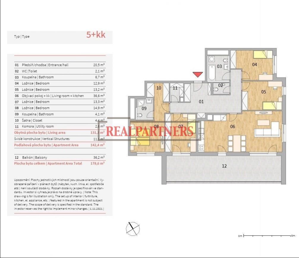 Nový byt 5+kk o ploše 142,4m2 + 36,2m2 balkon s J orientací a volným výhledem., obrázek č. 2